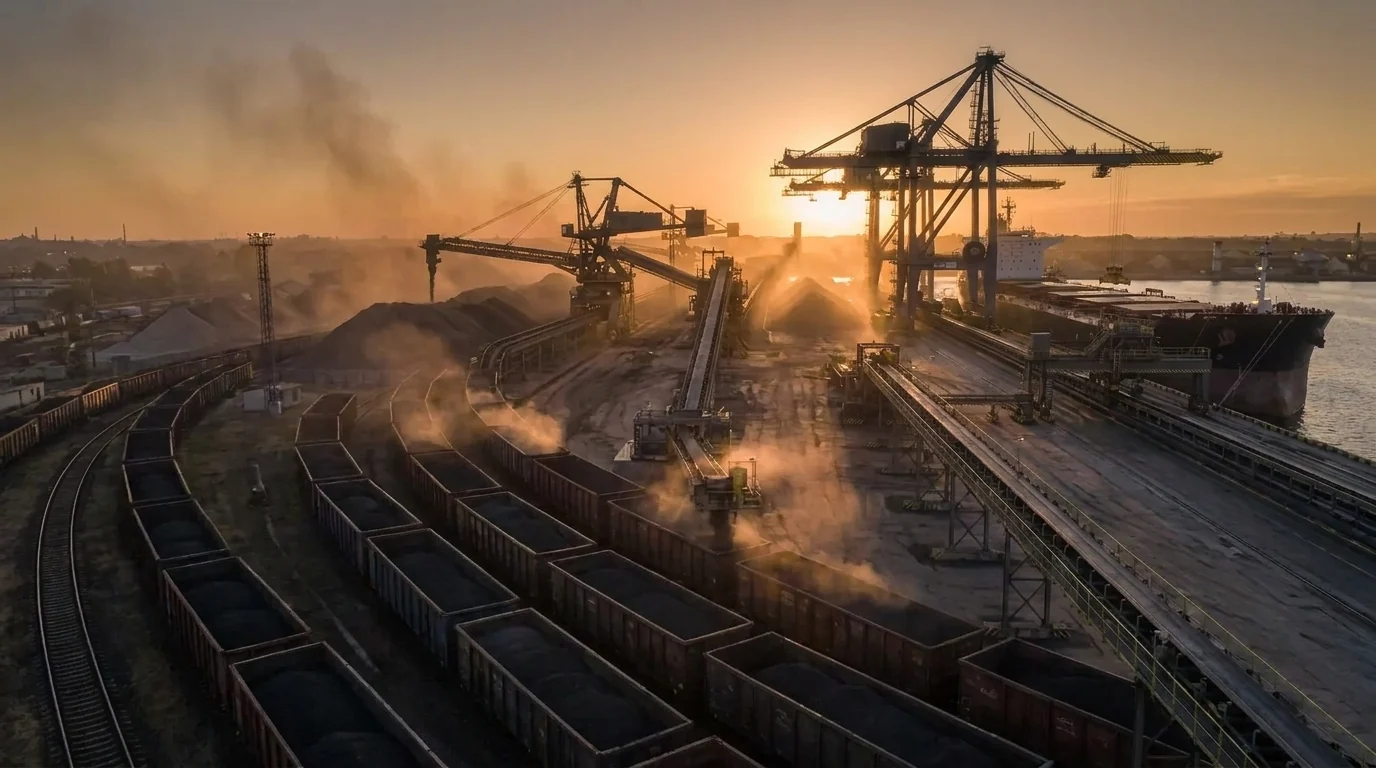 Hafenterminal mit Trichterwaggons bei Sonnenuntergang